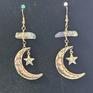 Gold Tone Crescent Moon Dangling Earrings